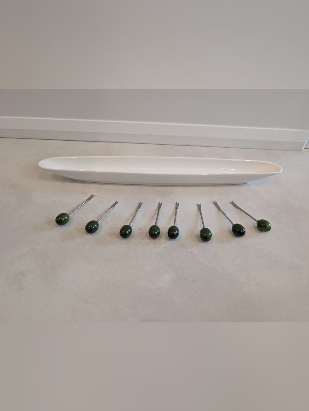 Vintage MCM Ceramic Olive Boat & Faux Olive Lucite Cocktail Picks Set - 9 Piece
